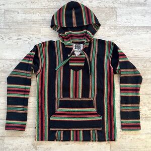 Original Senor Lopez Men's Baja Hoodie Black Woven Mexican Pullover Size M